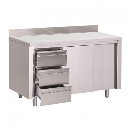 Gastro M RVS werktafel met 3 laden, schuifdeuren en achteropstand 85x100x70cm