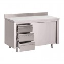 Gastro M werktafel met 3 laden links, schuifdeuren en achteropstand 88x120x70cm